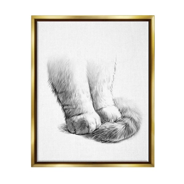 The Stupell Home Decor Collection Fluffy Cat Paws Tail Curled Monochrome Drawing by Ziwei Li Floater Frame Animal Wall Art Print 21 in. x 17 in.