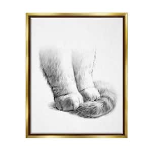 Fluffy Cat Paws Tail Curled Monochrome Drawing by Ziwei Li Floater Frame Animal Wall Art Print 21 in. x 17 in.