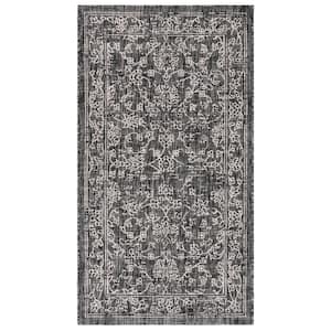 Courtyard Black/Ivory Doormat 2 ft. x 4 ft. Border Floral Scroll Indoor/Outdoor Area Rug