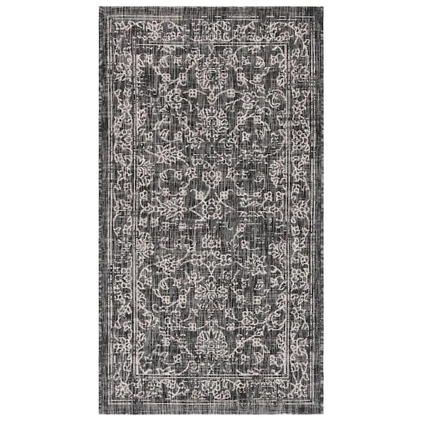 SAFAVIEH Courtyard Black/Ivory Doormat 2 ft. x 4 ft. Border Floral Scroll Indoor/Outdoor Area Rug