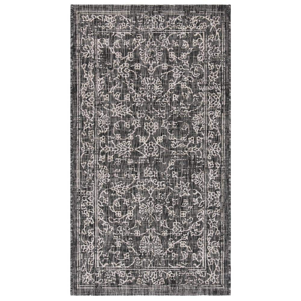 SAFAVIEH Courtyard Black/Ivory Doormat 3 ft. x 5 ft. Border Floral ...