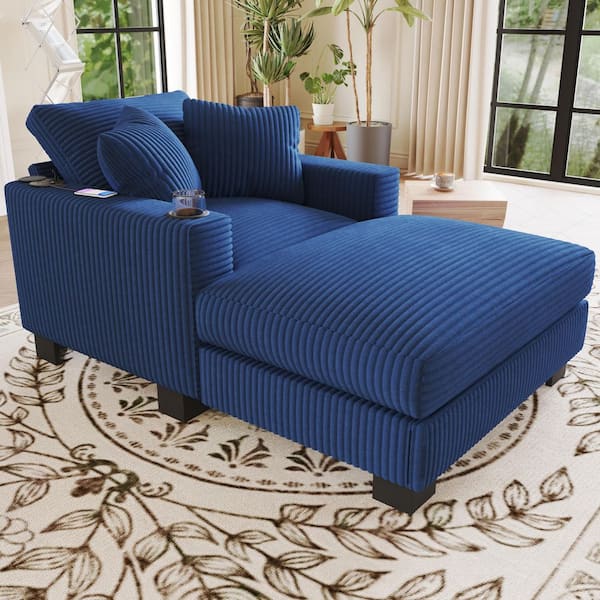 Monica Blue Polyester Upholstered Chaise Lounge with Movable Storage Ottoman, USB Ports, Cup Holders, Pillows