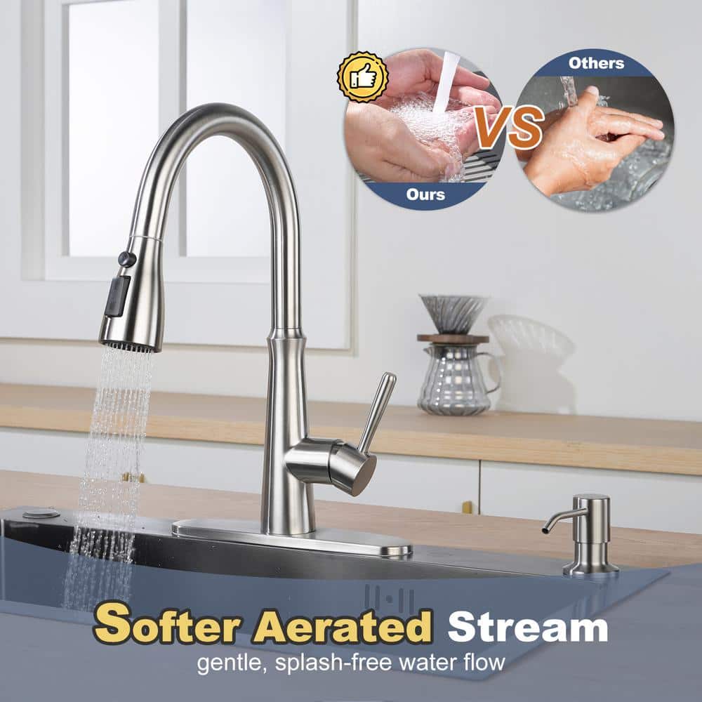 Brushed Nickel Stainless Steel Pull Down Kitchen Faucet with Soap Dispenser