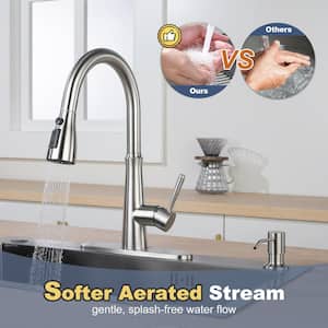 3 Functions Single Handle Pull Down Sprayer Kitchen Faucet with Soap Dispenser in Stainless Steel Brushed Nickel