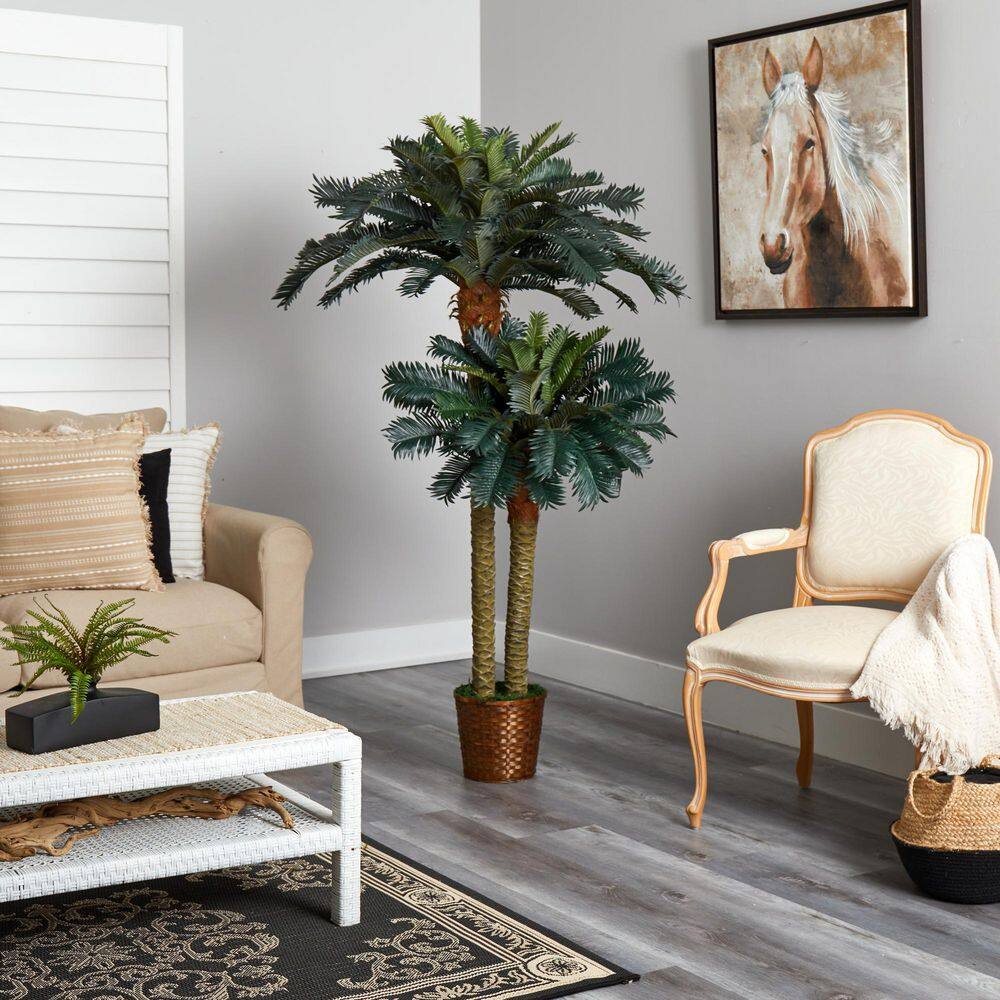 Double Potted Green Silk Palm Tree with Wicker Basket