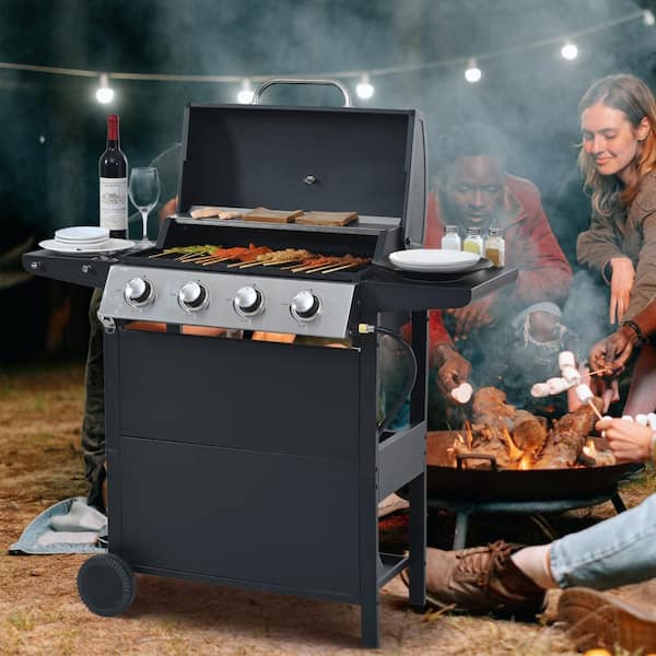 34000 BTU, 4-Burner Portable Propane Gas Grill with 2-Shelves, Lid, Wheels and Bottle Opener in Stainless Steel