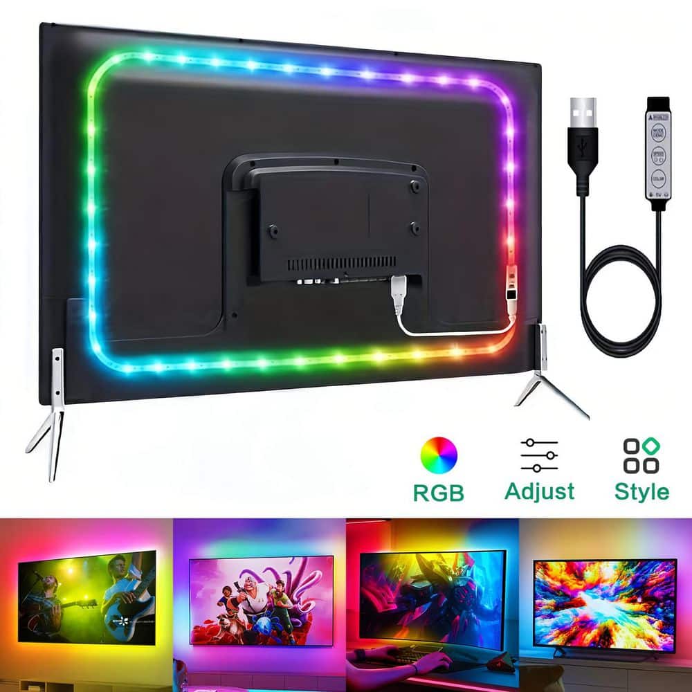 16.4FT 5V USB RGB LED TV Backlight Strip Light, 3-Button Music Sync Flexible Color Changing Light for TV, Bedroom