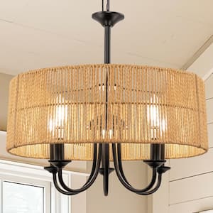 5-Light Hand Woven Rattan Pendant Light, Boho Large Farmhouse Chandelier with 4-Tier Rattan Shade for Living Room