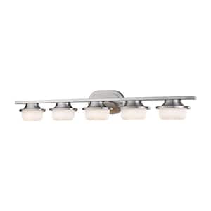 Optum 38.7 in. 5-Light Brushed Nickel Integrated LED Shaded Vanity Light with Matte Opal Glass Shade