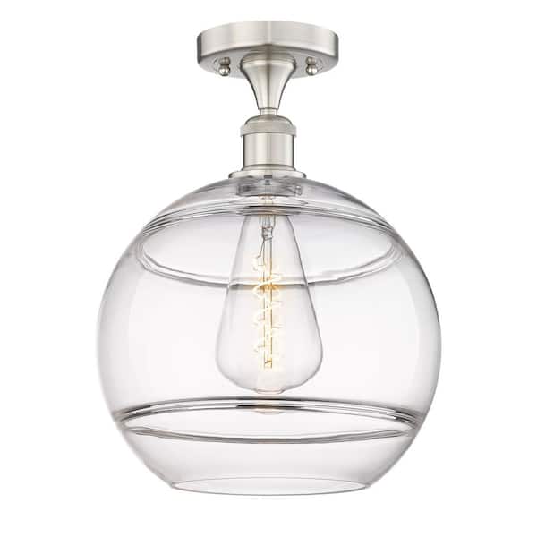 Rochester 12 in. 1-Light Brushed Satin Nickel Industrial Semi-Flush Mount with Clear Glass Shade