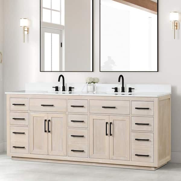 HBEZON Aphrodite 84 in. W x 22 in. D x 36 in. H Freestanding Bath Vanity in Beige with White Quartzite Top and Double Sink