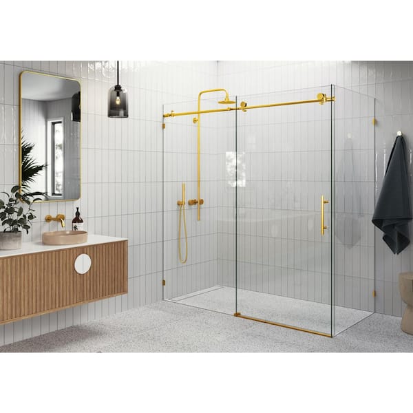 Glass Warehouse 72 in. W x 78 in. H Rectangular Sliding Frameless Corner Shower Enclosure in Brass with Clear Glass