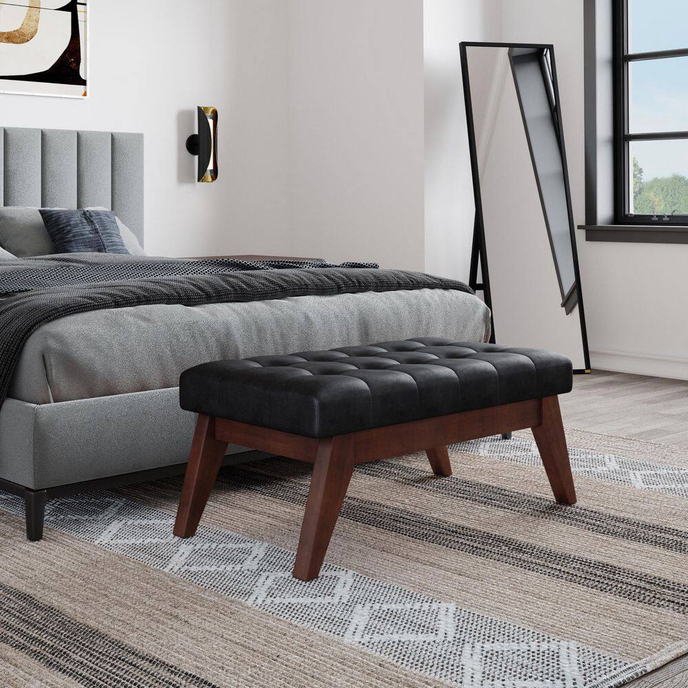 Distressed Black Faux Leather Tufted Ottoman Bench