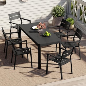 Black 7-Piece Aluminum Outdoor Dining Set with 63.8 in. Extension and Armchair