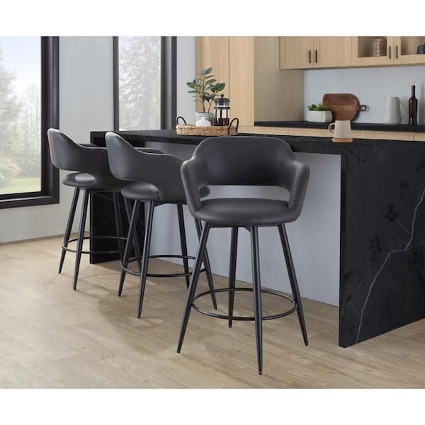 Lumisource Margarite 25.25 in. Grey Faux Leather and Black Metal Fixed-Height Counter Stool with Tapered Metal Legs (Set of 2)