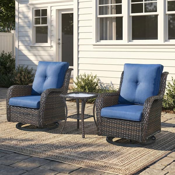 Carolina Brown Wicker 3-Piece Patio Conversation Deep Seating Set with Olefin Blue Cushions