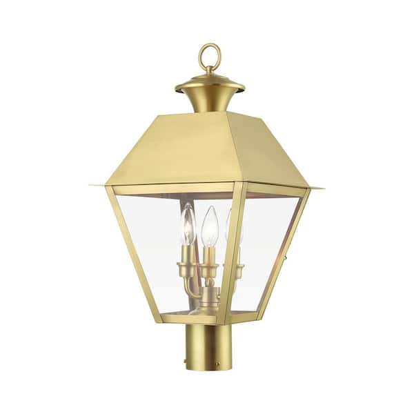 Helmsdale 22 in. 3-Light Natural Brass Cast Brass Hardwired Outdoor Rust Resistant Post Light with No Bulbs Included