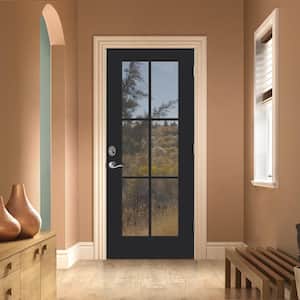36 in. x 80 in. Left-Hand 6 Lite Clear Glass Black Painted Fiberglass Prehung Front Door with Brickmould