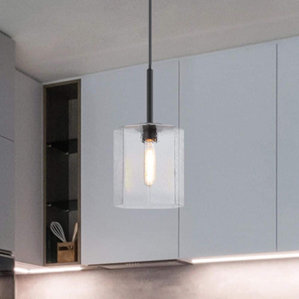 Haven 60 Watt 1-Light Matte Black Geometric Pendant Light with Clear Rippled Glass Shade price history on PriceWatchPro