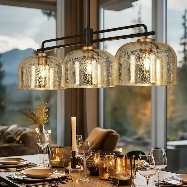 Modern Industrial 3-Light Gold Kitchen Island Hanging Lamp, 43.3 in. Linear Black Pendant Light with Dome Mercury Glass