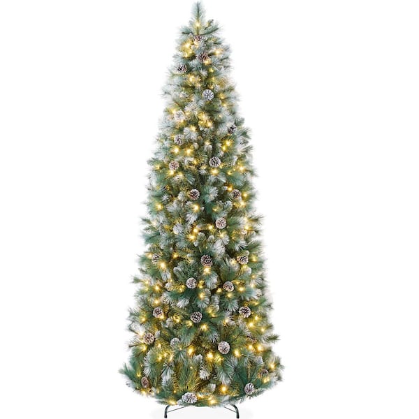 9 ft. Frosted Green Scotch Pine Pre-Lit Pencil Artificial Christmas Tree with 500 LED Color/Clear Lights and Stand