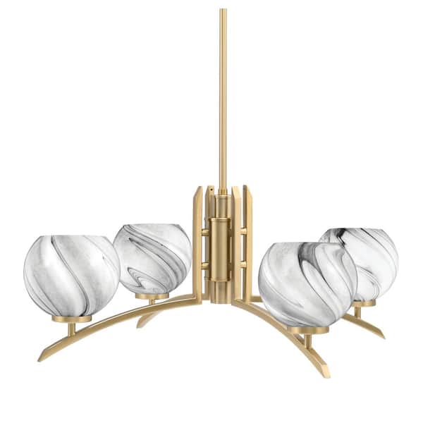 Unbranded Siena 26.25 in. 4-Light New Age Brass Chandelier with 5.75 in. Onyx Swirl Glass Shade, No Bulbs Included