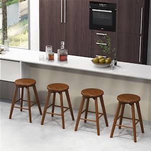 24.5 in. Brown Set of 4 Metal Swivel Round Bar Stools Counter Height Dining Chairs with Rubber Wood Legs