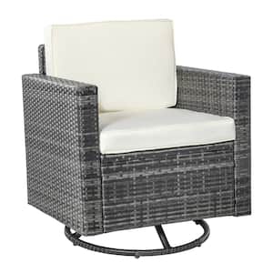 Rattan Wicker Outdoor Rocking Chair with 360° Swivel Design, Lounge Armchair with Cream White Soft Thick Cushions