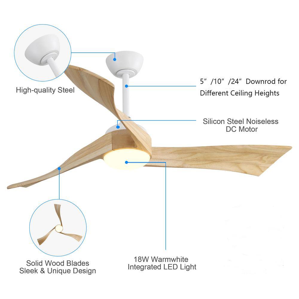 52-Inch White and Light Brown Wood Blade Ceiling Fan with Remote and LED Light
