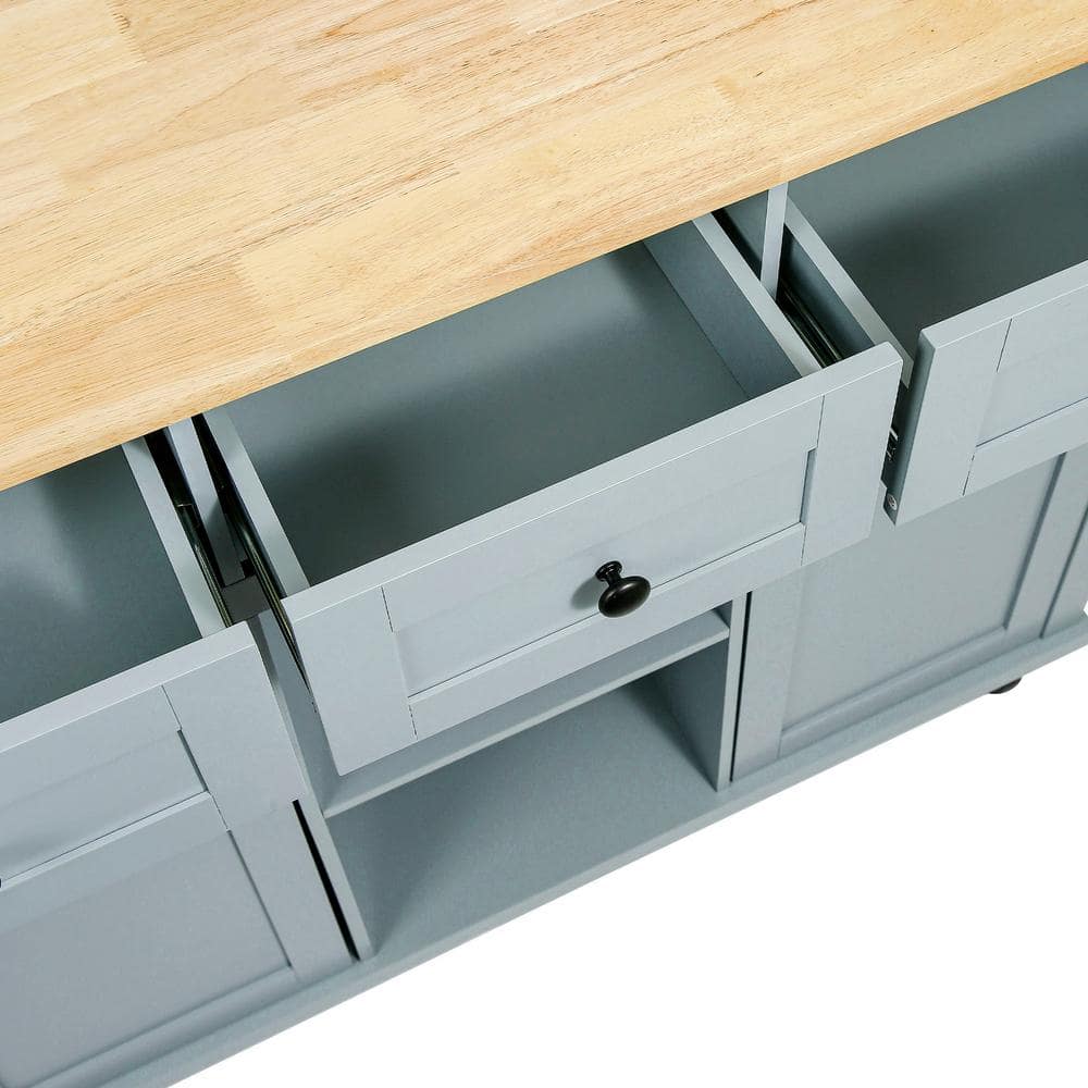 Blue Wood Drop-Leaf Kitchen Cart with Storage and Spice Rack