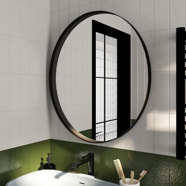 HBEZON 23.6 in. W x 35.4 in. H Medium Oval Metal Framed Wall Bathroom Vanity Mirror With Broadside in Black