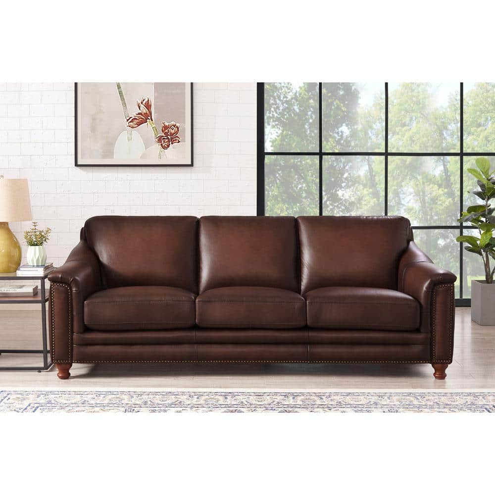 Hydeline Lara 79 in. Flared Arm Top Grain Leather Rectangle 3-Seater Sofa in. Stone, Grey