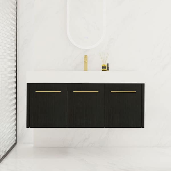 Victoria 47 in. W Wall-Mounted Modern Design Single Sink Bath Vanity with Ceramic Top in White and Cabinet in Black