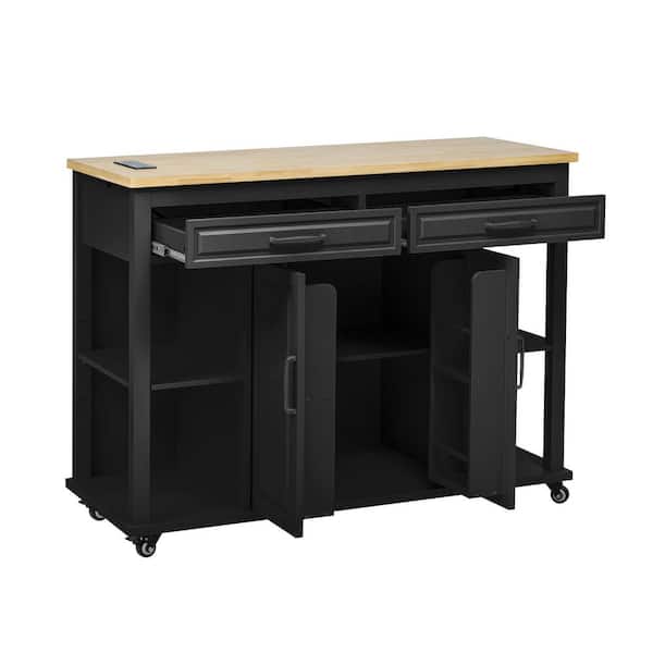 Black Rubber Wood 47.2 in. Kitchen Island with Extendable Dining Table, 2-Drawers, Adjustable Shelves Power Outlet