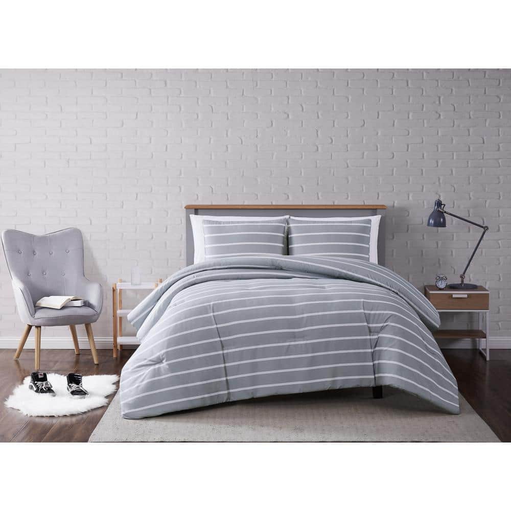 Truly Soft Maddow Stripe Grey Full/Queen 3-Piece Comforter Set  CS3069GYFQ-1500 - The Home Depot