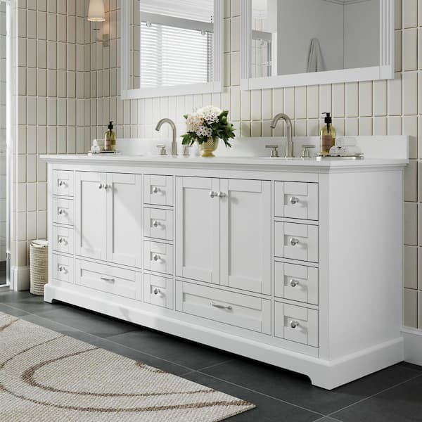 84 in. W Solid Wood Modern Bath Vanity with White Cultured Marble Top, Double Sink, Soft Closing Door, Fully Assembled