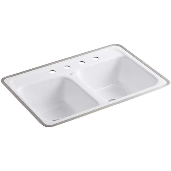 KOHLER Delafield Tile-In Cast Iron 32 in. 4-Hole Double Bowl Kitchen Sink in White