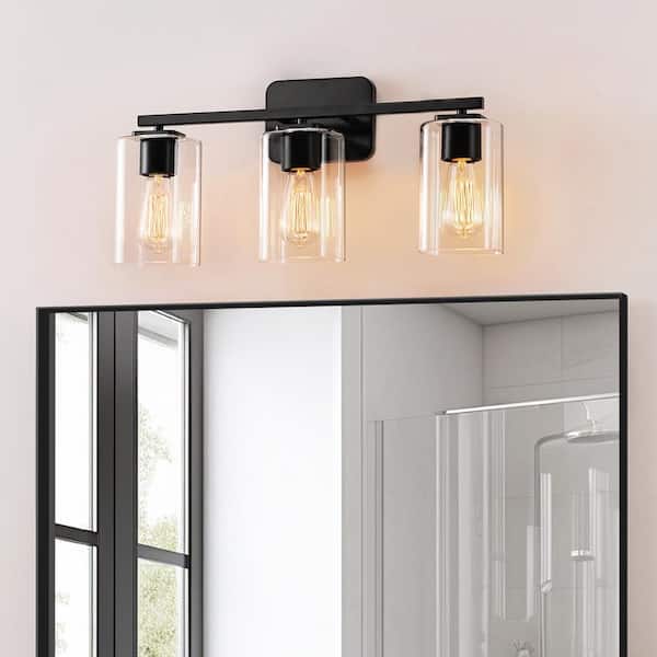 KAWOTI 21 in. 3-Light Black Clemmon Vanity Light with Square Glass Shade