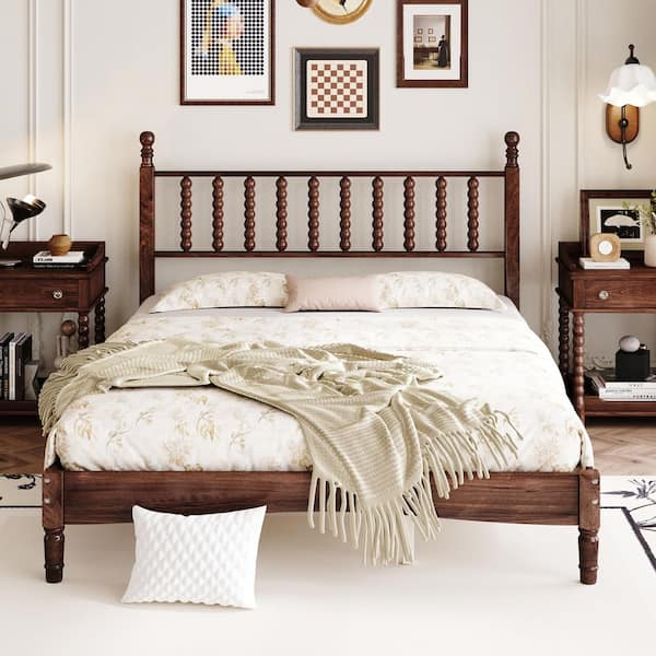 Dar Retro Style Brown Wood Frame Queen Size Platform Bed with Gourd Shaped Headboard, Walnut
