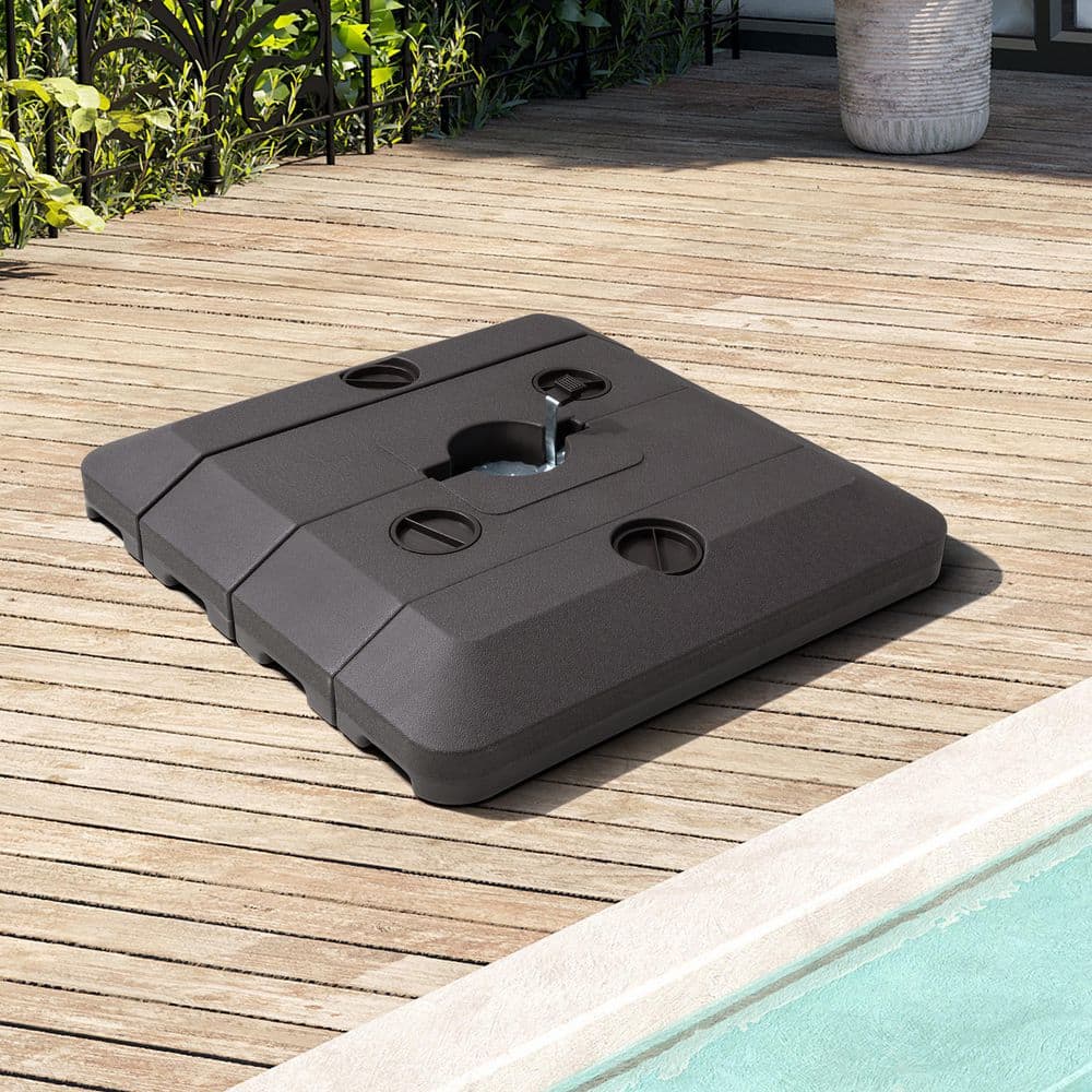 86 lbs. brown patio umbrella base with hidden wheels 4-Piece Offset Patio Umbrella Base in Brown 240 lb. Capacity HDPE Outdoor Umbrella Stand for Large Cantilever Umbrella