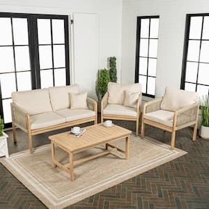 Tavira 4-Piece Bohemian Acacia Wood Outdoor Patio Set and Plain Decorative Pillows, Beige/Light Teak Cushions