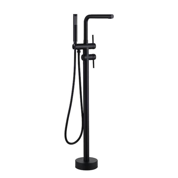 Single Handle Freestanding Floor Mount Tub Faucet with Hand Shower with Swivel Gooseneck Spout in Matte Black