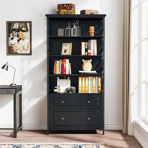 Eulas 71.65 in. Tall Black Engineered Wood 5-Shelf Etagere Bookcase, Modern Display Bookshelf with 2-Drawers