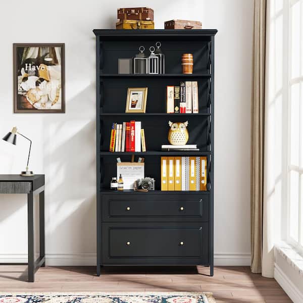 BYBLIGHT Eulas 71.65 in. Tall Black Engineered Wood 5-Shelf Etagere Bookcase, Modern Display Bookshelf with 2-Drawers