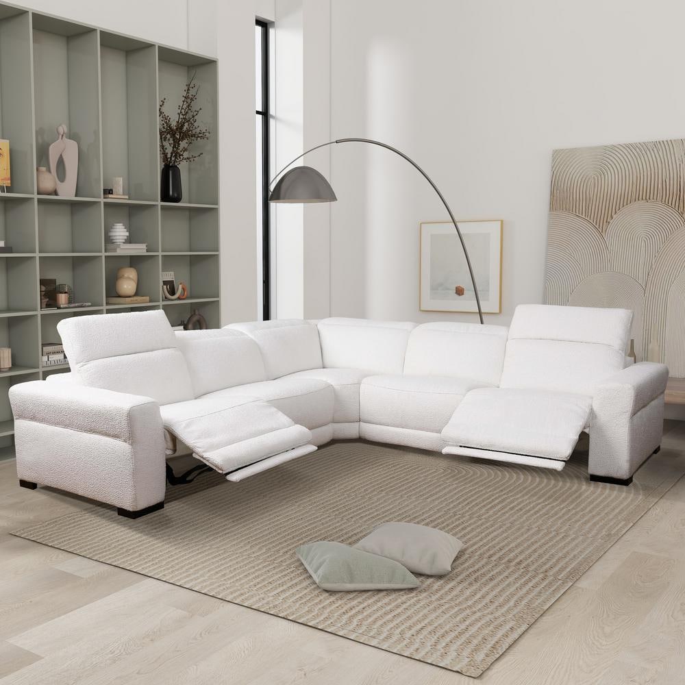 Celeste White Boucle Fabric Symmetrical Sectional Sofa with Ottoman