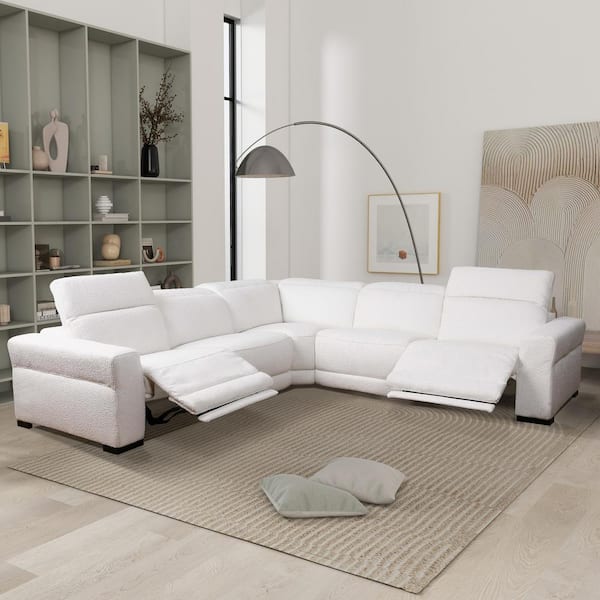 Ashcroft Furniture Co Celeste 139 in. Square Arm Power Recliner Symmetrical Corner Sectional in White Boucle Fabric HMD06005502