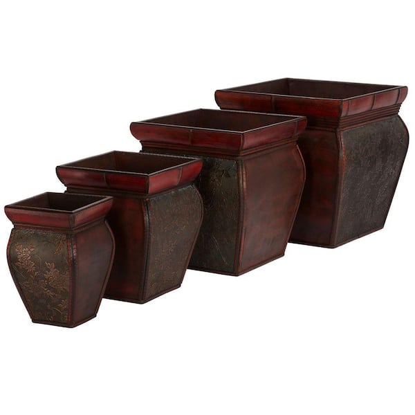Nearly Natural 14 in. H Burgundy Square Planters with Rim (Set of 4)