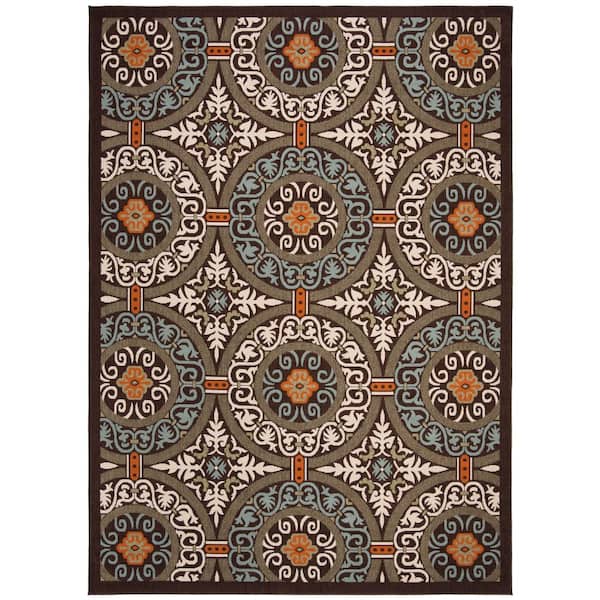 Veranda Chocolate/Aqua 8 ft. x 11 ft. Floral Indoor/Outdoor Patio Area Rug