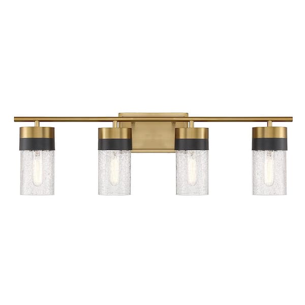 Savoy House Brickell 30 in. 4-Light Warm Brass/Black Vanity Light with Crackled Glass Shades