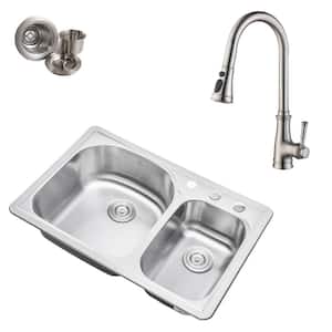 Topmount Drop-In 18-Gauge Stainless Steel 33 in. x 22 in. 3-Hole 70/30 Offset Double Bowl Kitchen Sink with Faucet